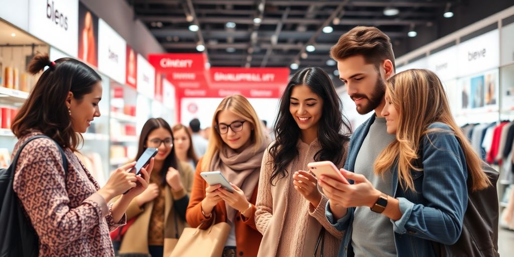 Shoppers interacting with various retail platforms in-store.