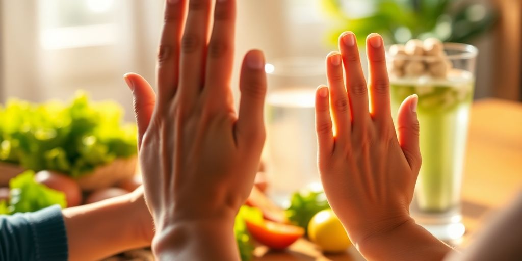 Hands gently stretching with healthy foods and water in sunlight.