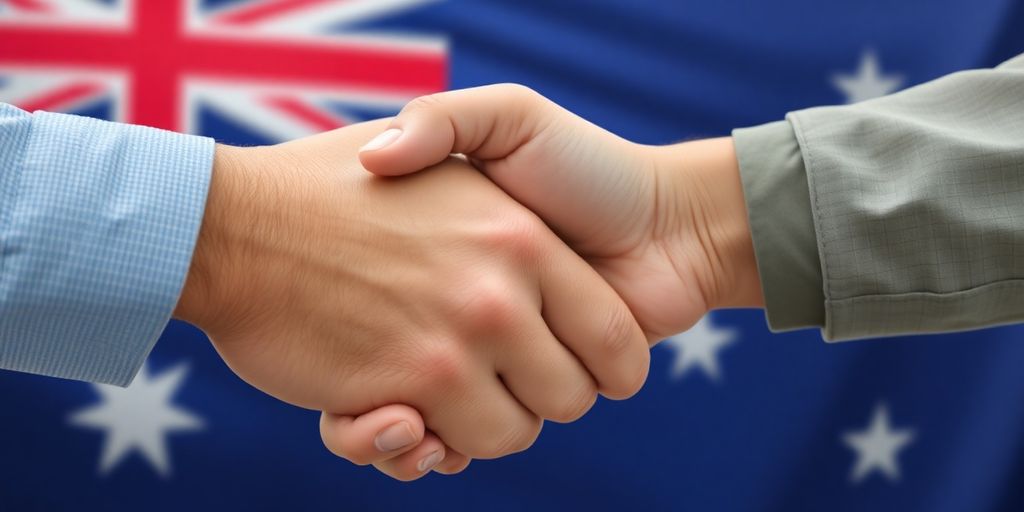 Australian flag and business handshake.