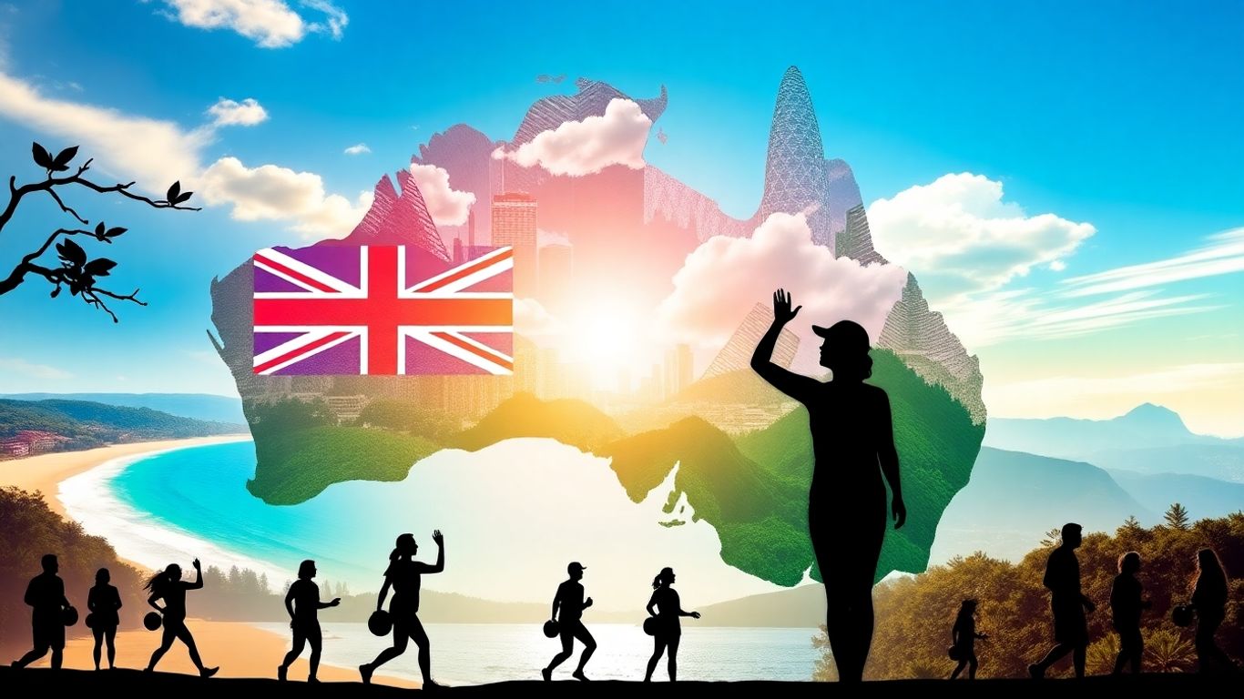 Australian landscape and people enjoying wellbeing activities.
