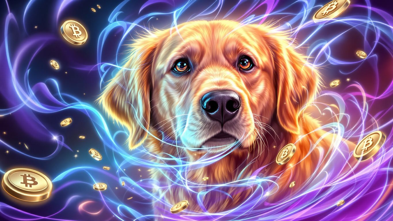 Golden retriever with glowing blue and purple aura.