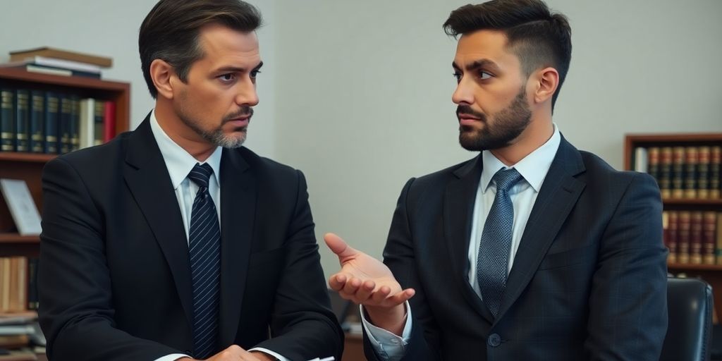 Lawyer and client discussing legal matters in an office.