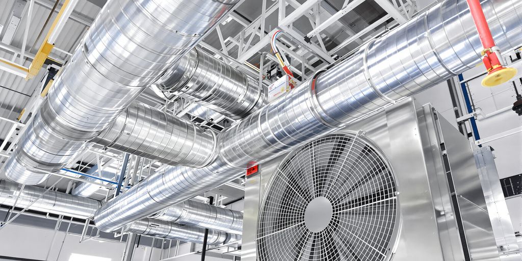 Cooling coils and air ducts in a commercial building.