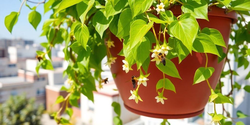 Filodendro colgante con polinizadores en azotea.