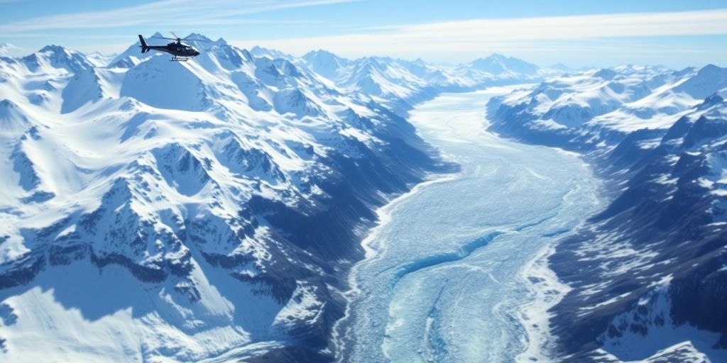 Helicopter view of a snowy Alaskan mountain range and glacier.