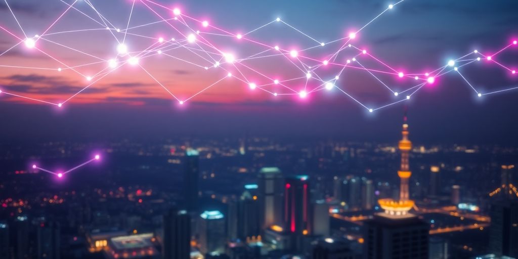 Flowing digital data lines, glowing cityscape.