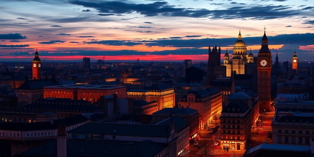 A vibrant UK city skyline at dusk with lights.