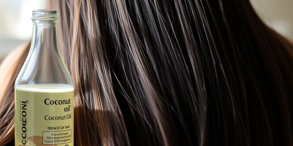 Coconut oil bottle with lush, healthy hair strands.