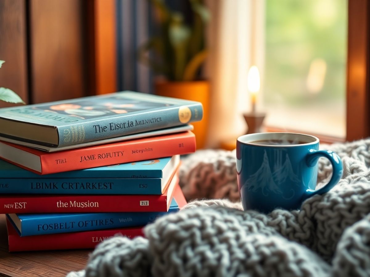 Cozy reading nook with books and coffee.