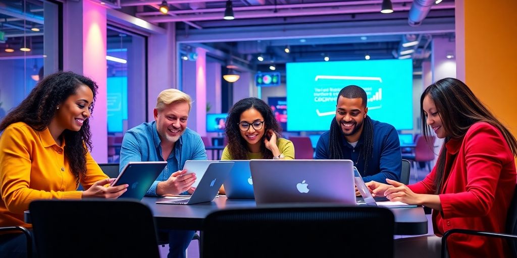 Diverse professionals collaborating in a digital marketing workshop