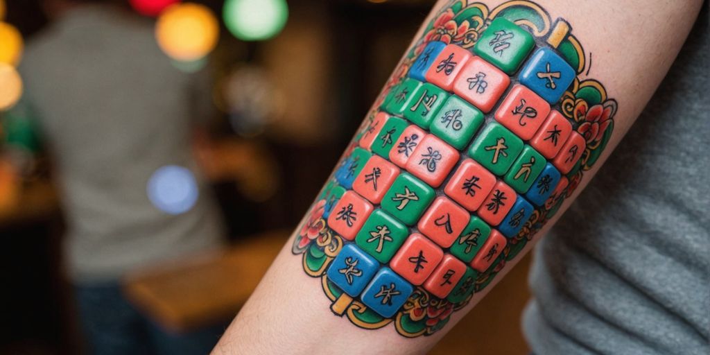 Colorful mahjong tile tattoo on forearm