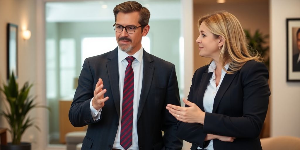 Realtor broker and agent discussing in an office setting.