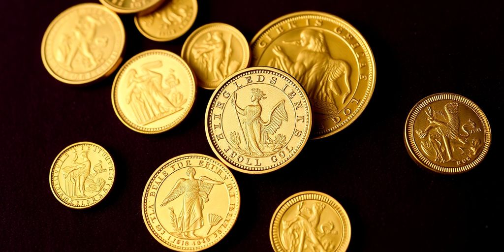 Détail des pièces d'or sur un fond en velours.