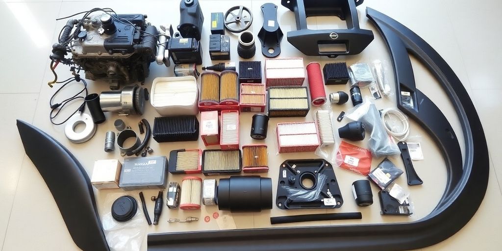 Nissan Navara parts arranged neatly.