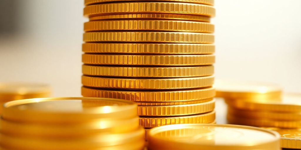 Pièces d'or empilées avec reflets