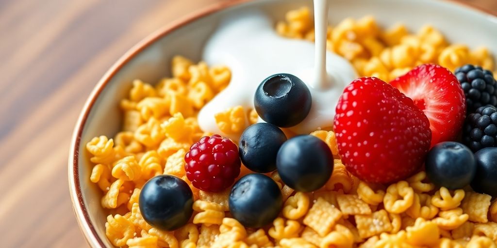Bowl of high-fibre cereal with fruit and milk.