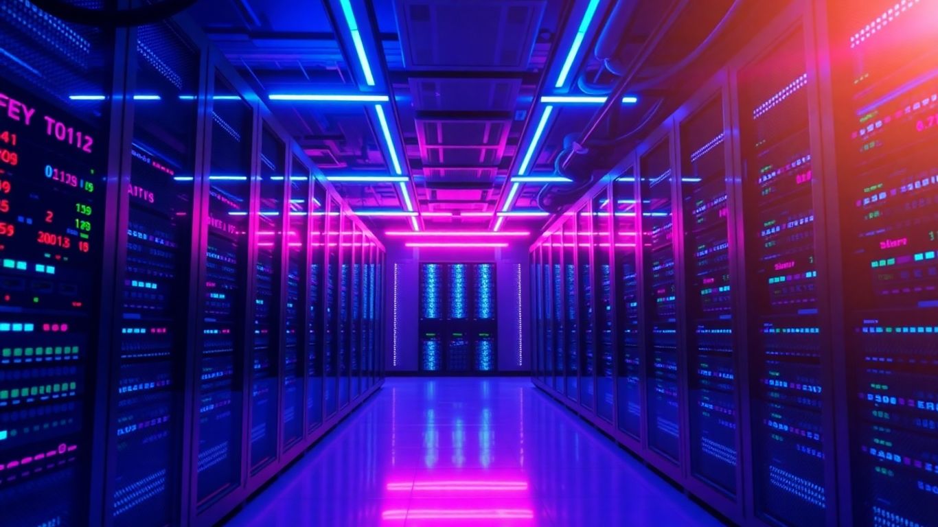 Futuristic server room with neon lighting and technology