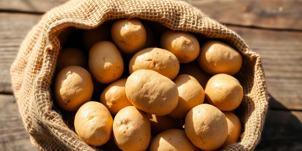 Vers geoogste aardappelen in een jute zak.