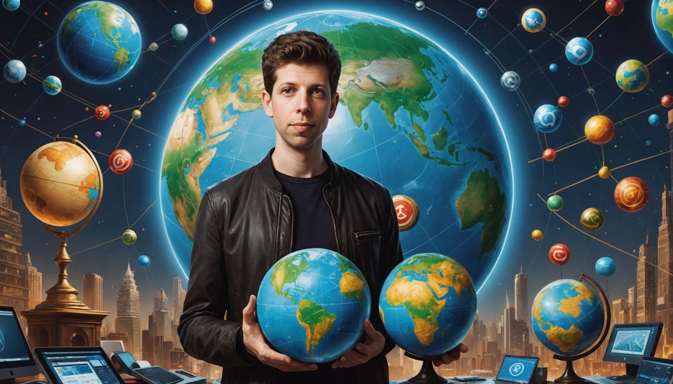 Sam Altman with globe and AI symbols, powerful influence
