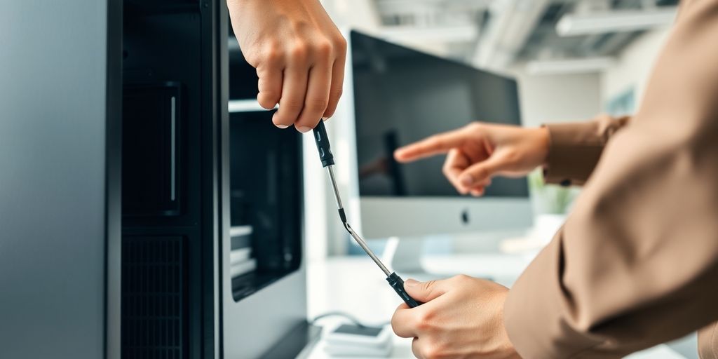 Person assisting user with computer issue.