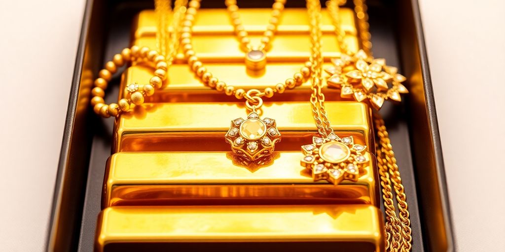 Des barres et bijoux en or bien disposés.