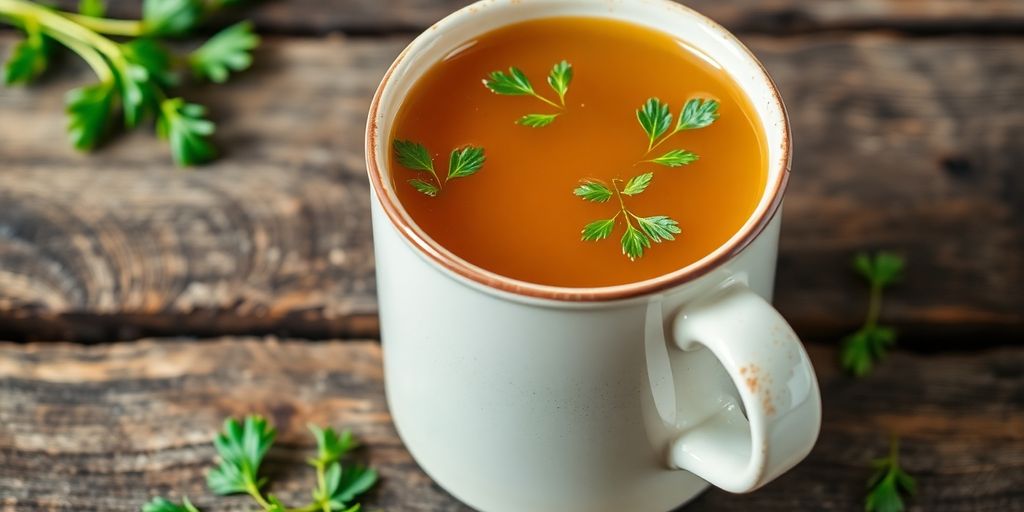 Steaming mug of bone broth with herbs.