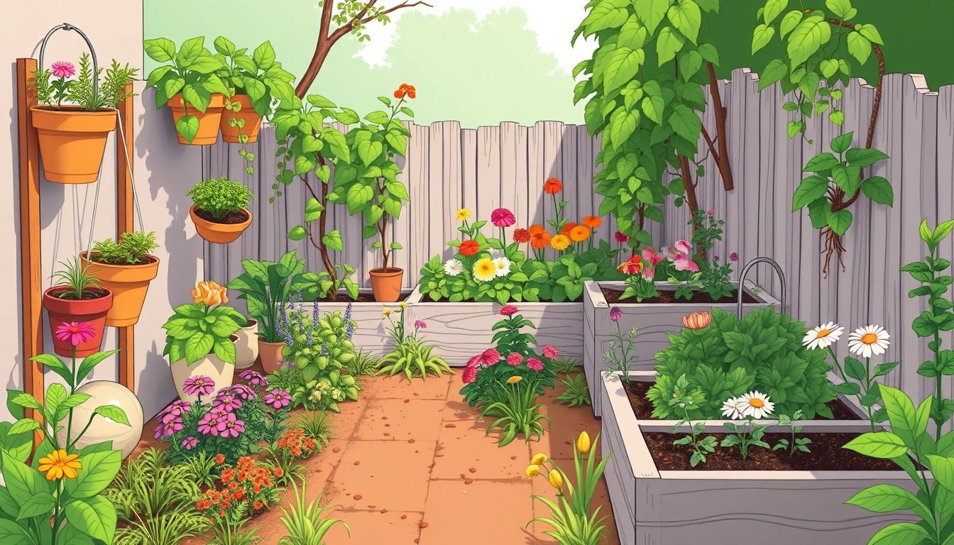 Small garden with vertical planters and raised beds.