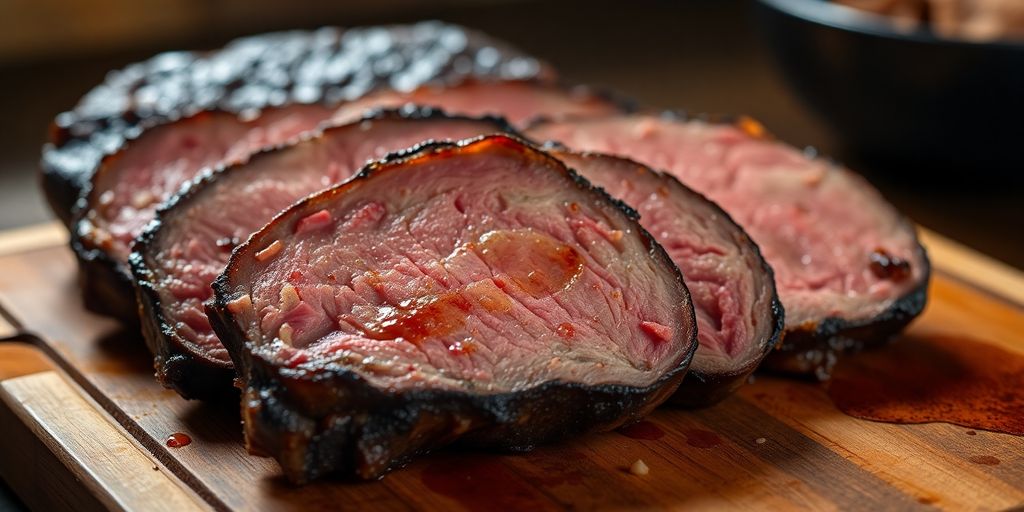 Seared chuck roast slices on a wooden cutting board.