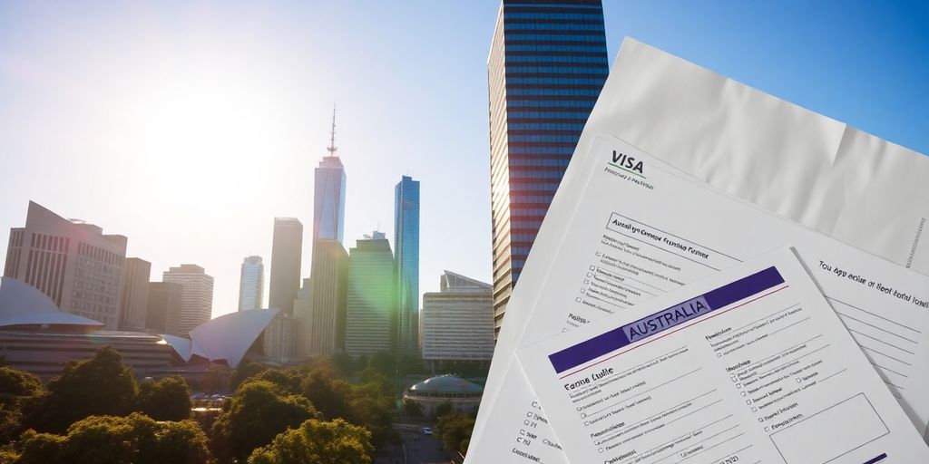 Australian landmark and visa documents.