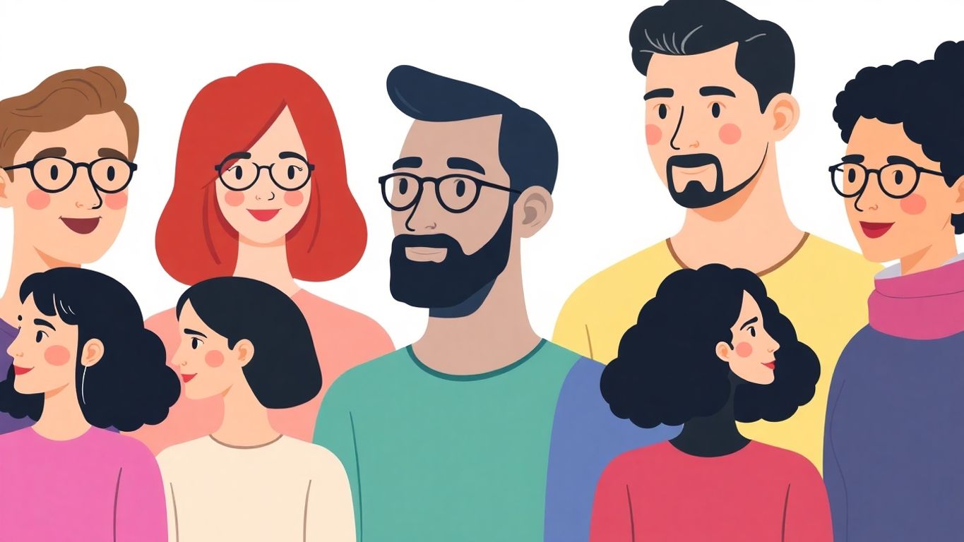 Diverse grupper av mennesker i myke farger.