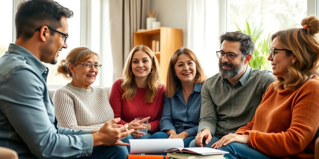 Group discussing car insurance in a cozy setting.