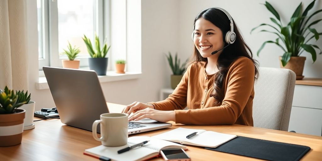 Woman wearing headset typing on laptop at bright home desk.