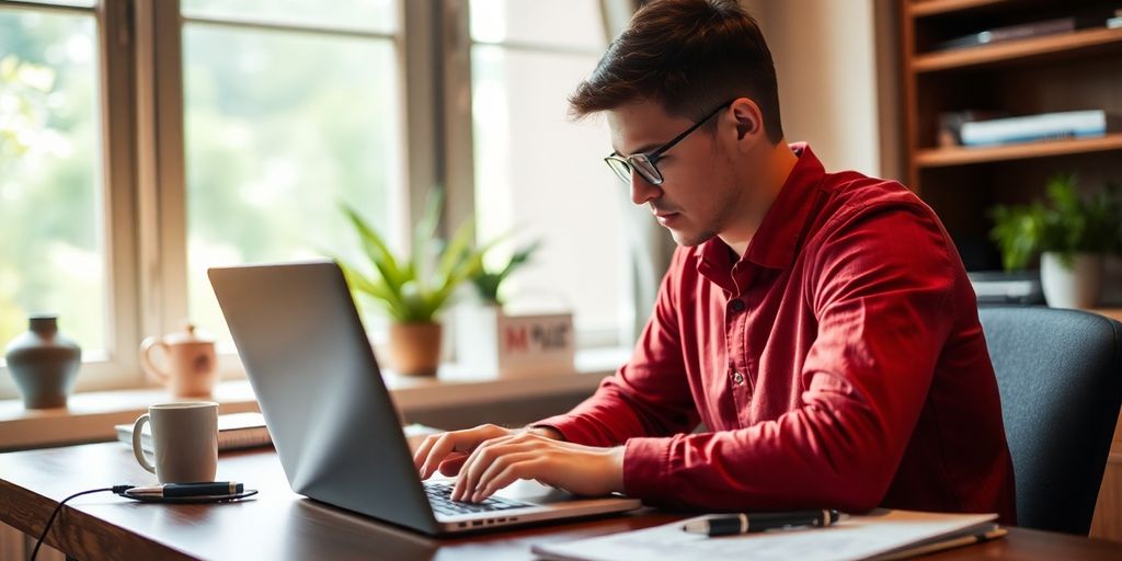Person trading options at a desk with laptop.