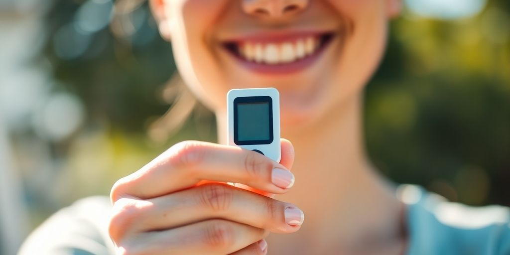 Person happily checking blood sugar with a device.