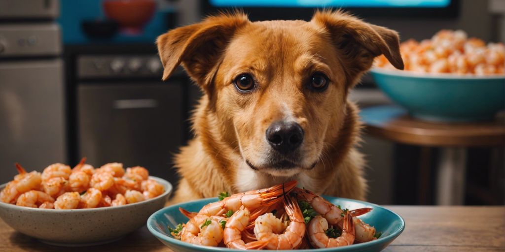 Happy dog sitting beside a bowl of shrimp, highlighting the nutritional benefits and health precautions.