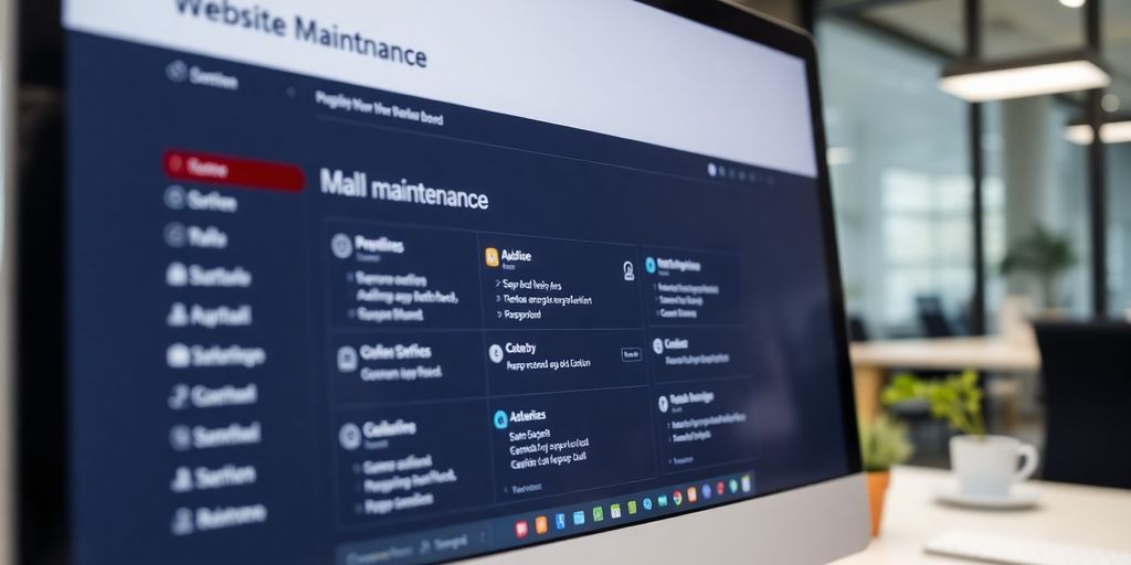 Computer screen with website maintenance dashboard in an office.