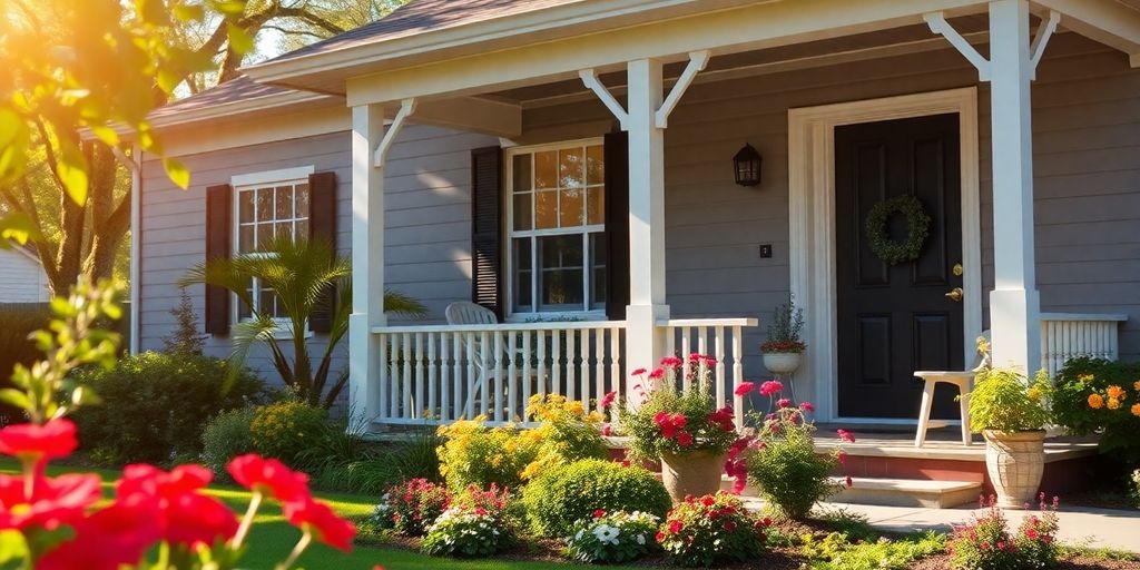 Cozy home with a sunny front porch and garden.