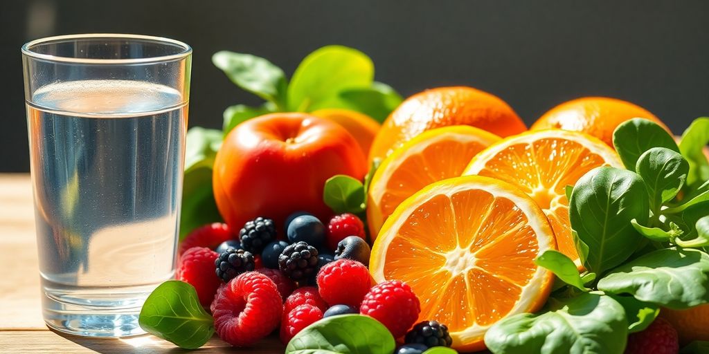 Healthy person drinking water surrounded by fresh fruits and vegetables.