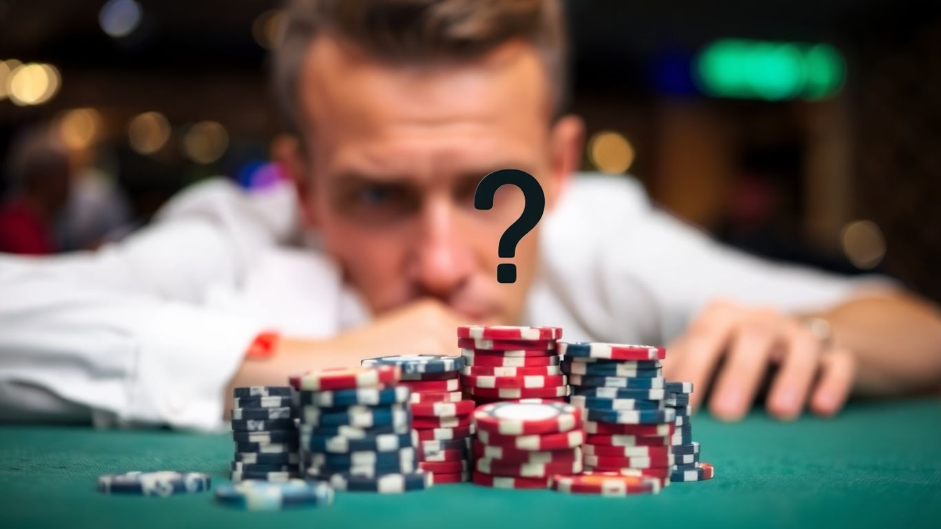 Confused poker player with chips and question mark.