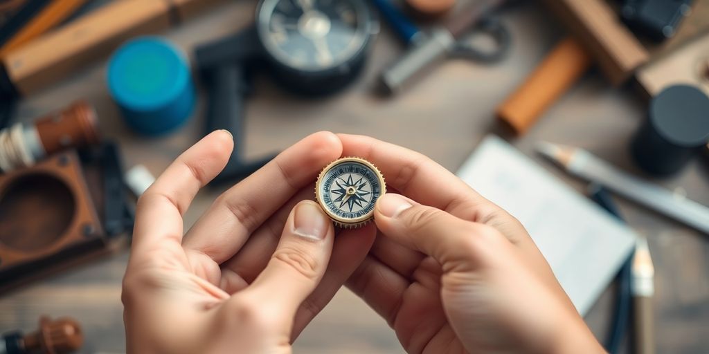 Person's hands holding a compass.
