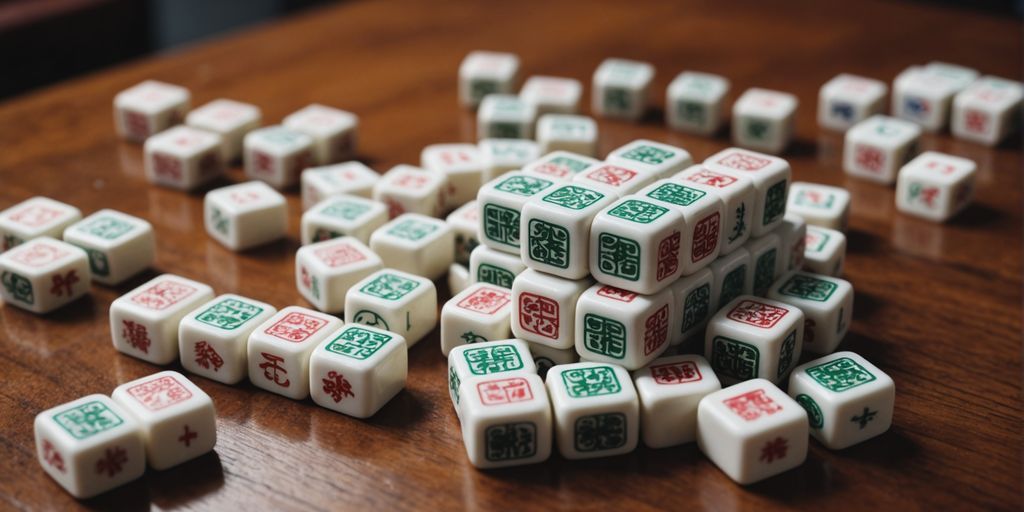 Mahjong set with tiles on a wooden table.