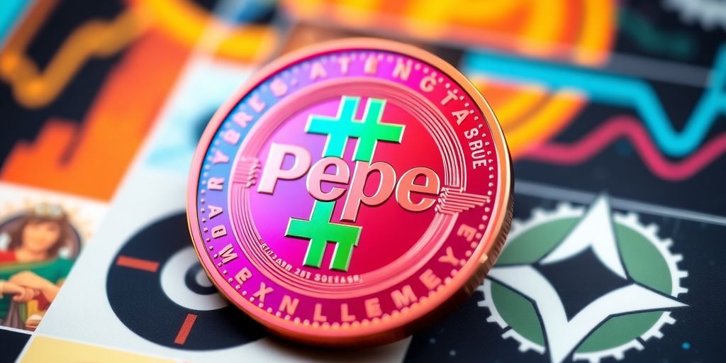 Close-up of a Pepe Coin on a blurred background.
