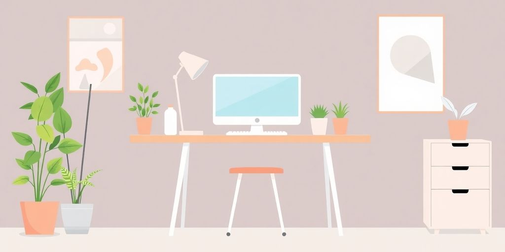 Hjemmekontor med laptop og planter i myke farger.