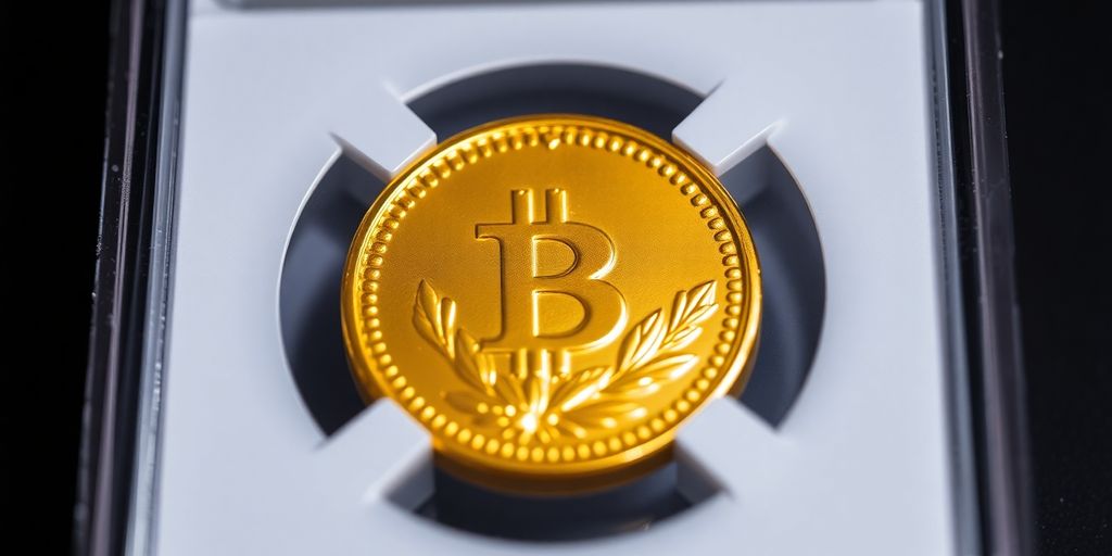 Shining graded gold coin in display case.