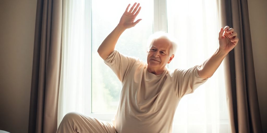 Elderly person stretching, relieving morning stiffness.