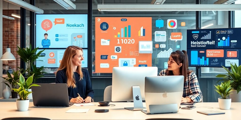 Profissionais de marketing digital em ambiente moderno.