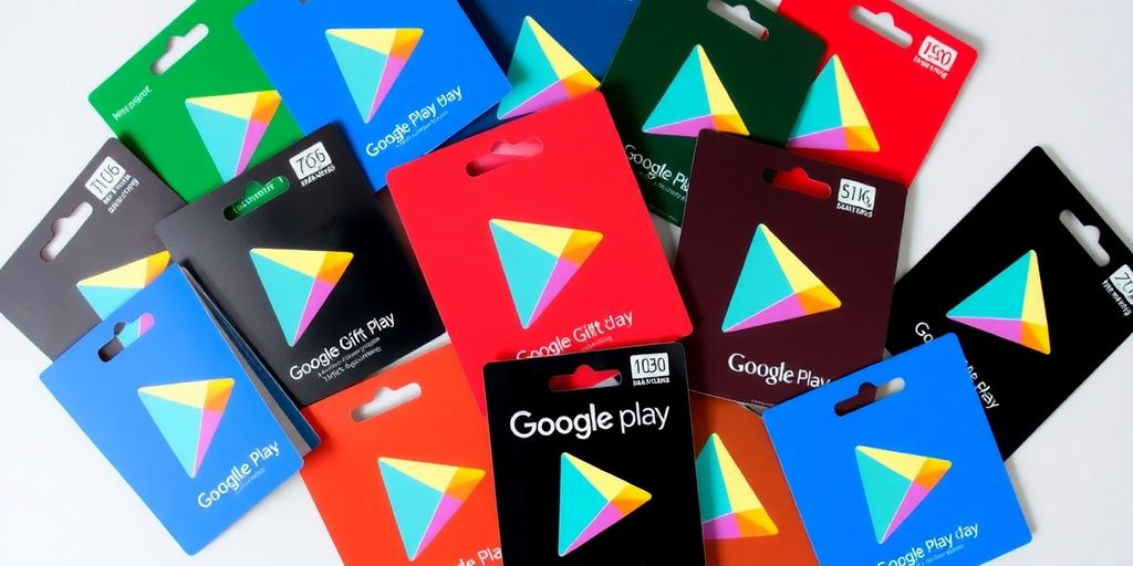 Colorful Google Play gift cards in various denominations.