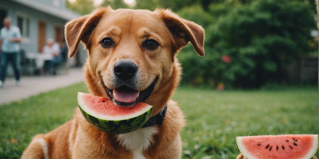Dog happily chewing on watermelon rind outdoors