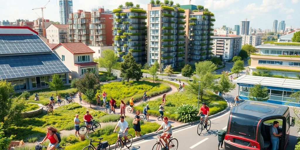 A sustainable urban landscape with green spaces and eco-friendly buildings.