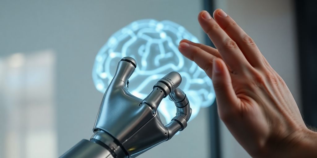 Robot hand, human hand, glowing brain.